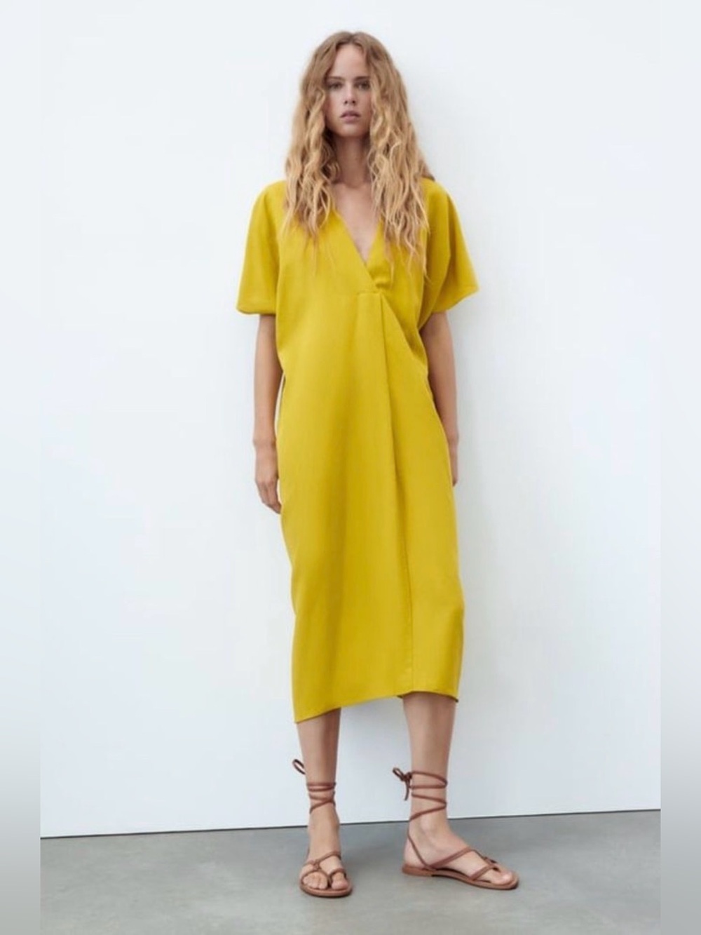 Zara Mustard Yellow Midi Linen Blend Dress